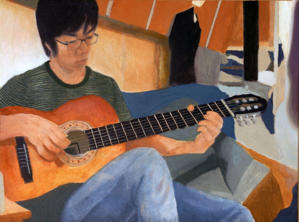 Wilson playing his guitar on the canal boat / 2021
 oil on canvas board / 30.5x40.6 cm
